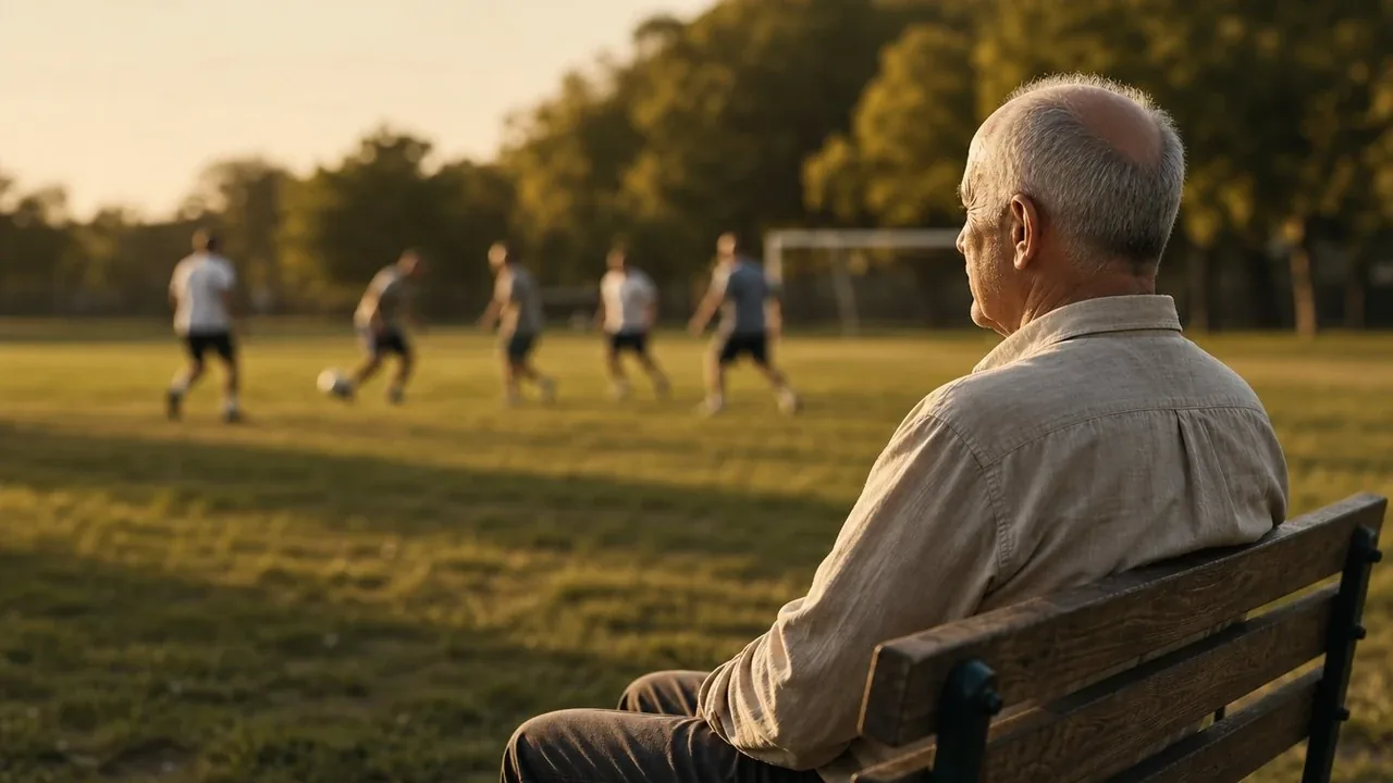 Homem maduro sentado em banco de praça observando partida de futebol amador ao pôr do sol