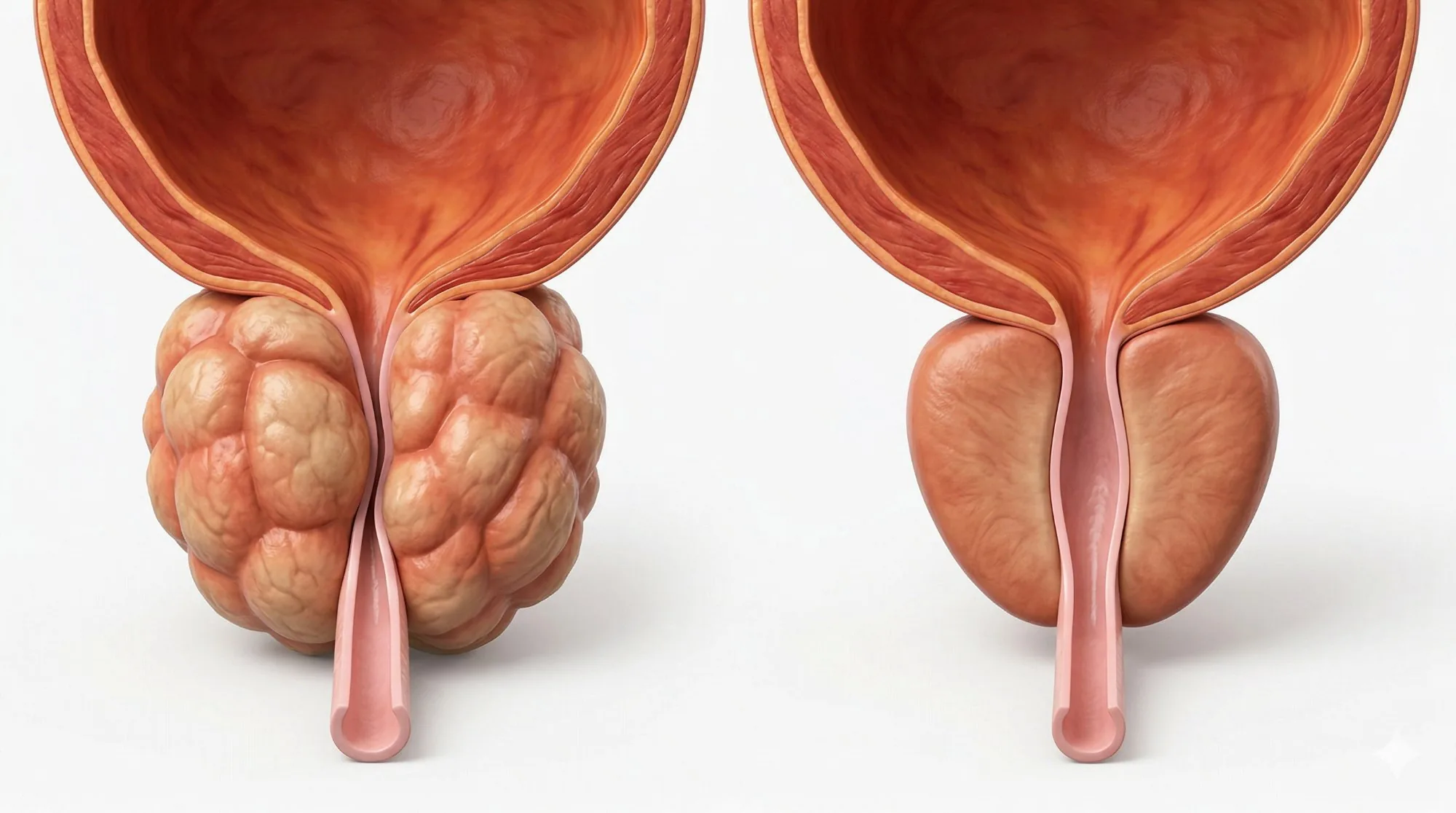 Ilustração comparando próstata aumentada e próstata normal