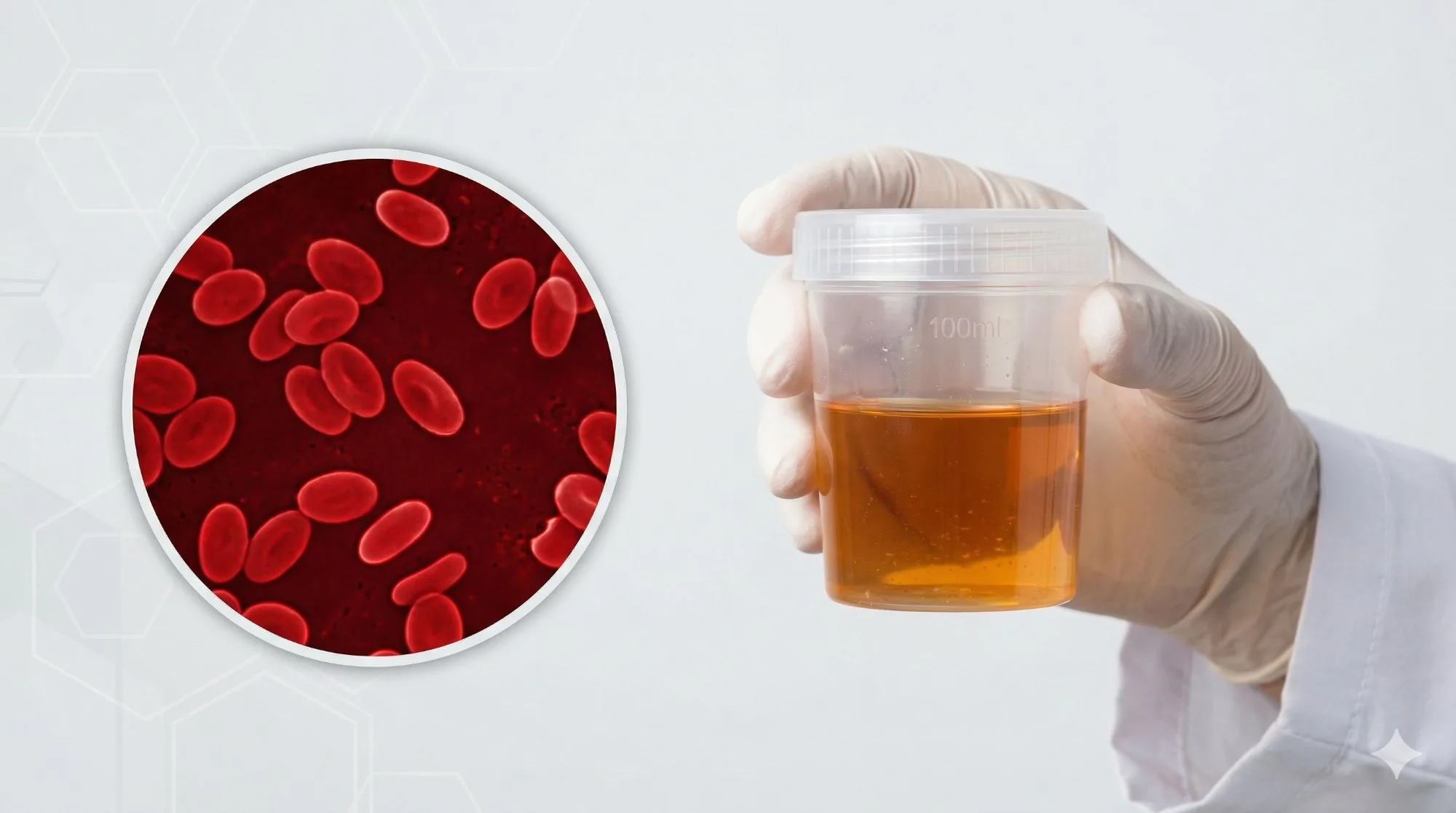 Amostra de urina com representação de hemácias ao microscópio
