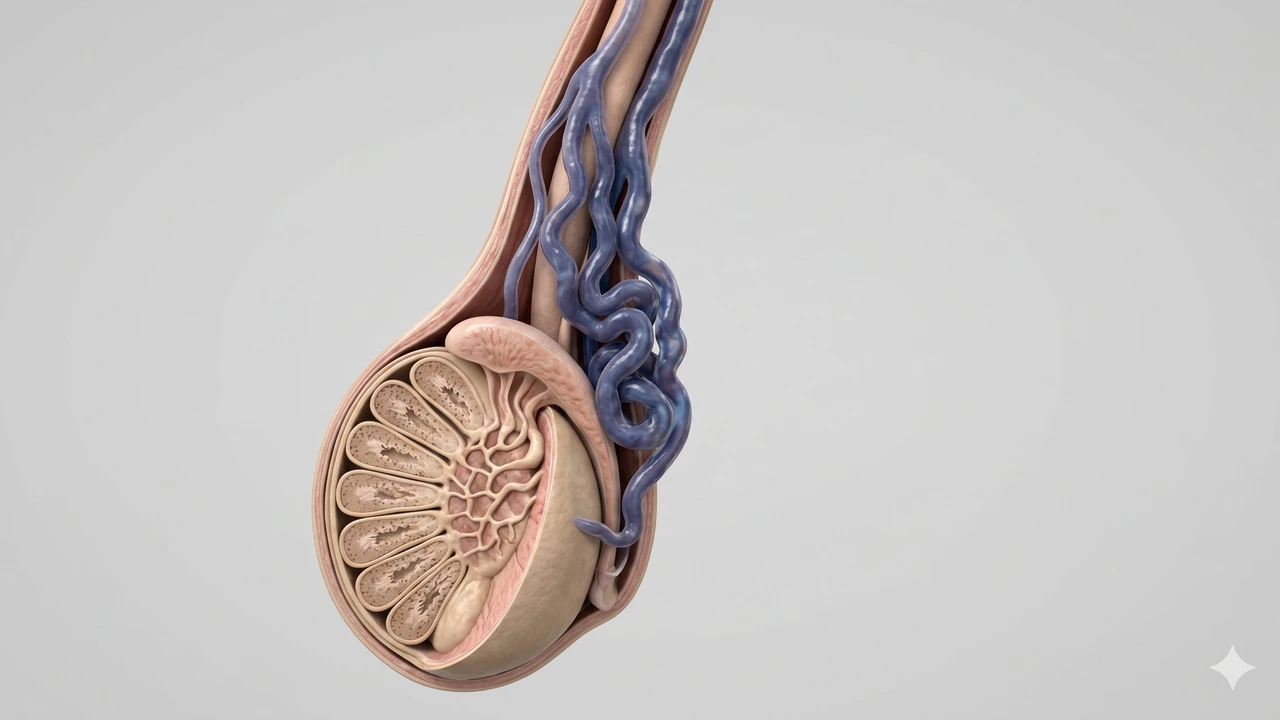 Ilustração 3D médica da anatomia testicular mostrando veias dilatadas do plexo pampiniforme caracterizando varicocele